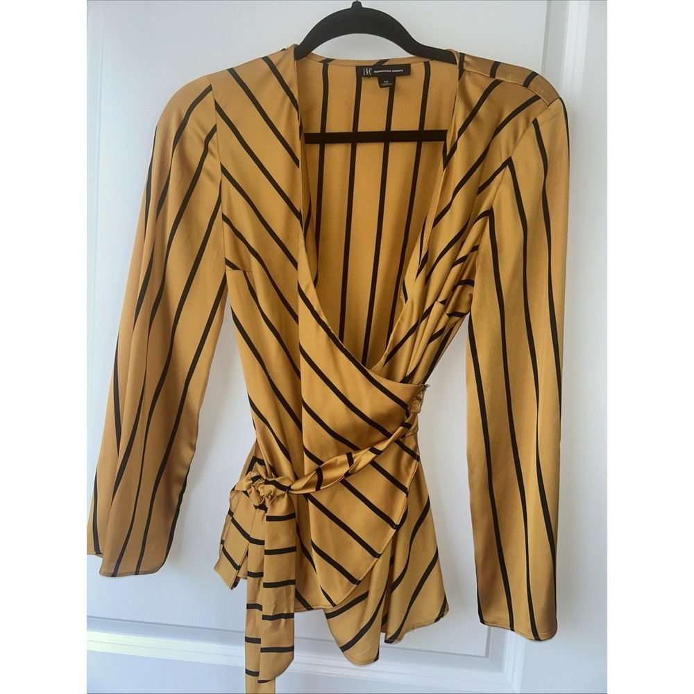 I.N.C Women's Yellow Striped Bell-Sleeve Wrap Blouse Top Pre-owned Size PM
